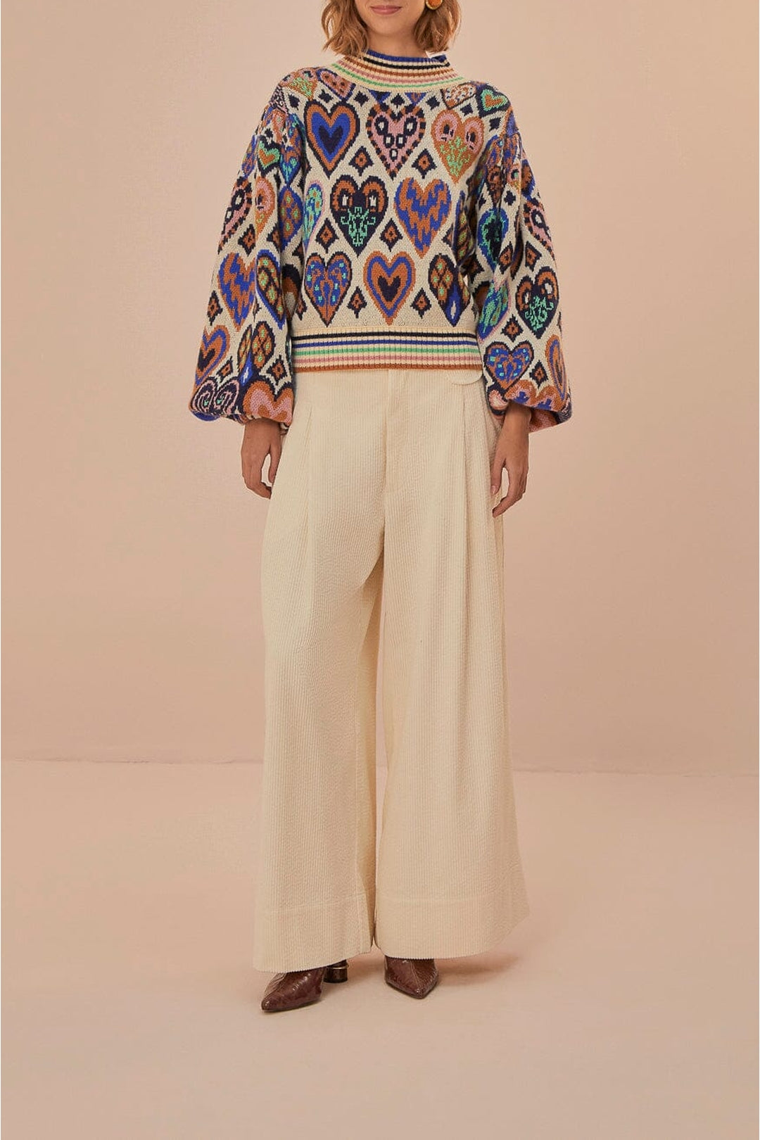 Pull à motif Ikat en forme de cœur en laine - Beige