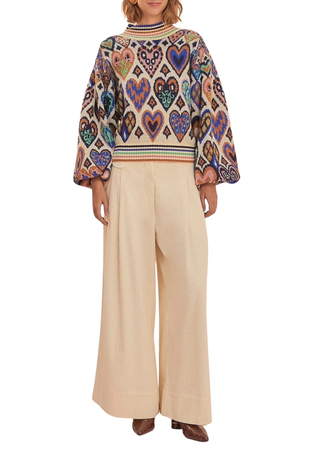 Pull à motif Ikat en forme de cœur en laine - Beige