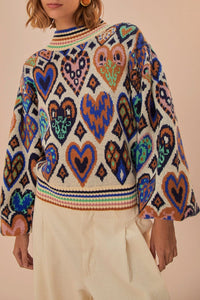 Pull à motif Ikat en forme de cœur en laine - Beige