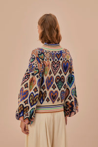 Pull à motif Ikat en forme de cœur en laine - Beige