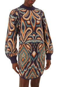 Robe courte à motif Ikat Ananas en maille - Bleu