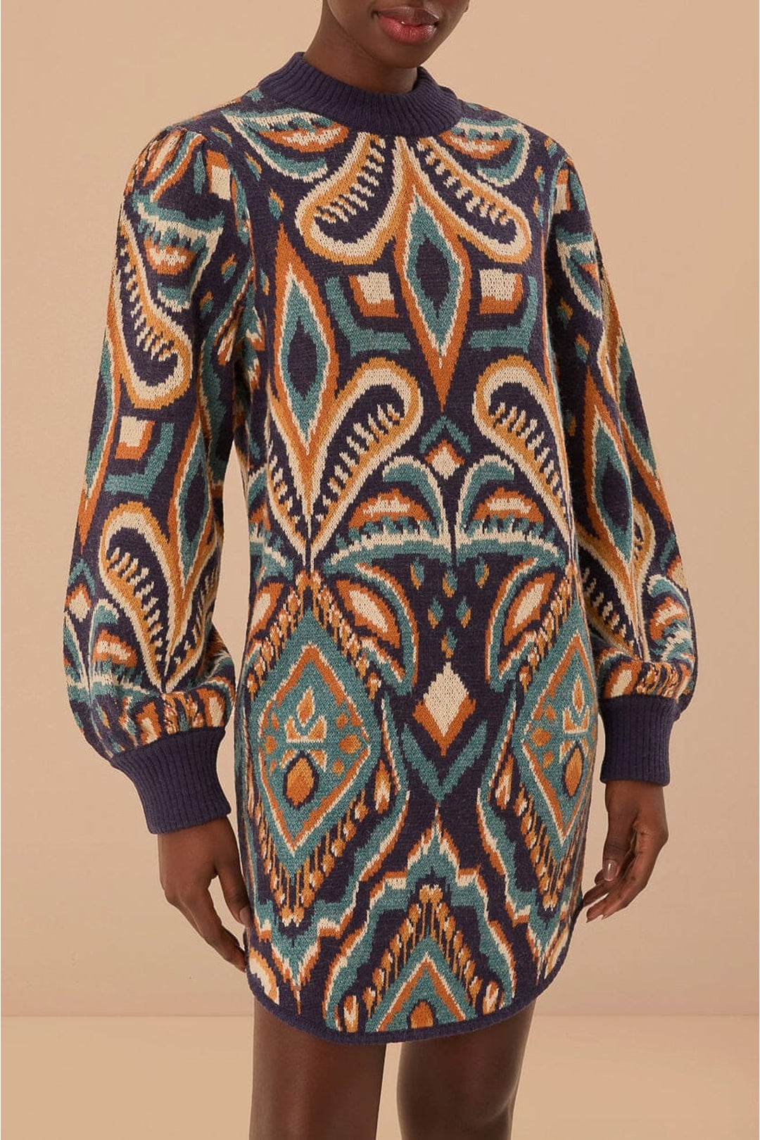 Robe courte à motif Ikat Ananas en maille - Bleu