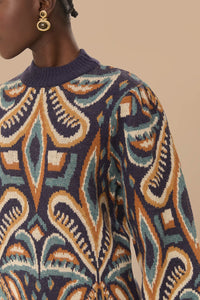 Robe courte à motif Ikat Ananas en maille - Bleu