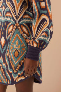 Robe courte à motif Ikat Ananas en maille - Bleu