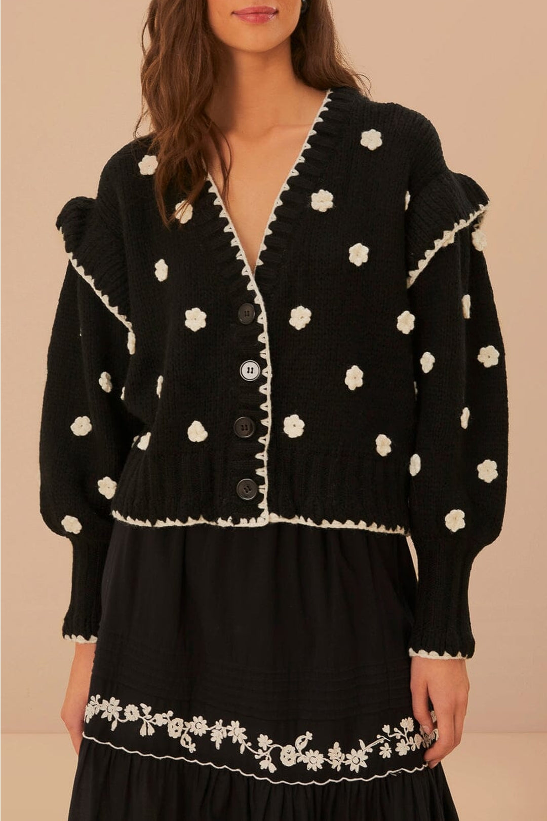 Cardigan motifs fleurs en maille - Noir
