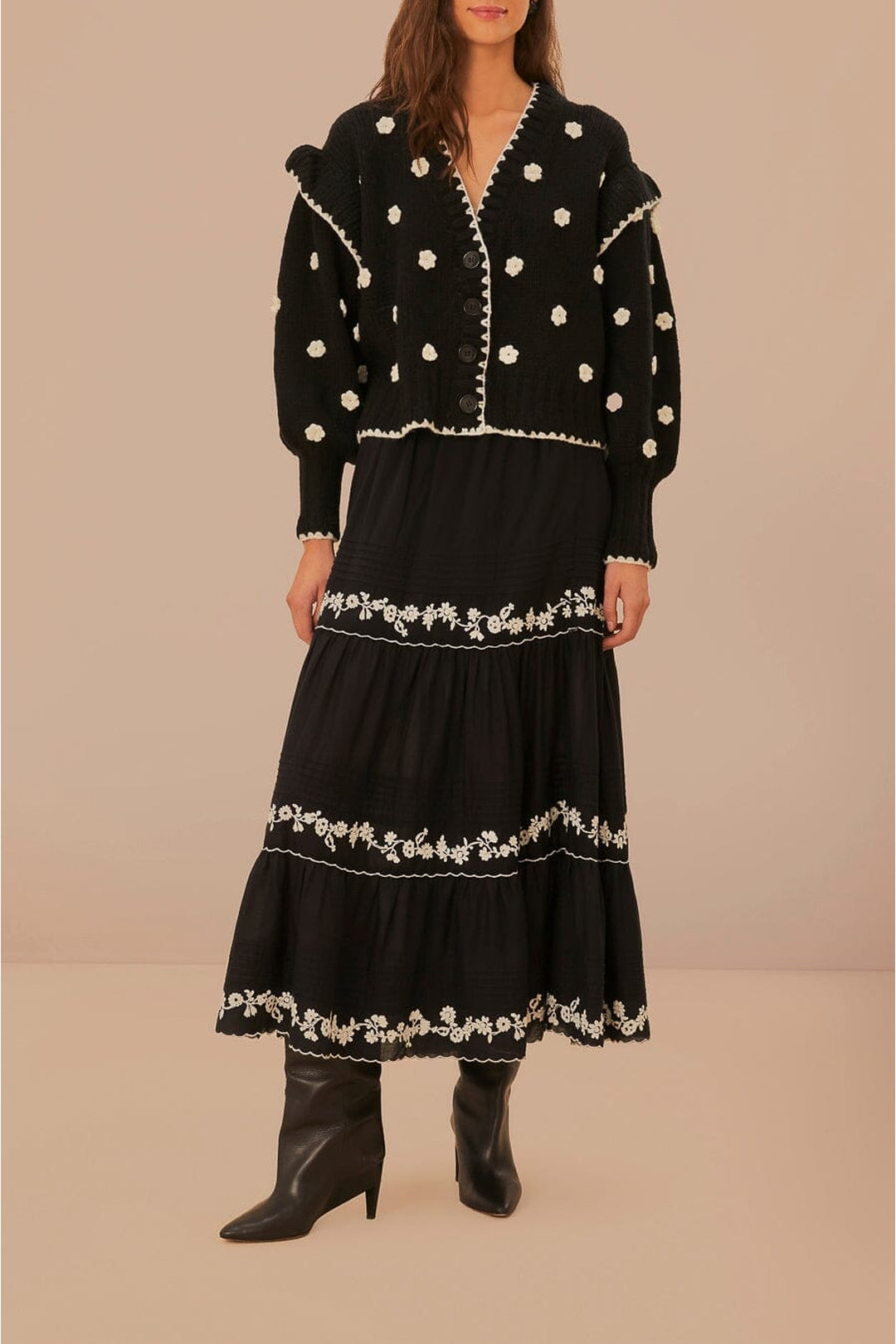 Cardigan motifs fleurs en maille - Noir