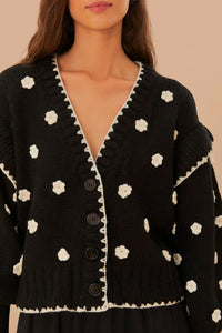 Cardigan motifs fleurs en maille - Noir