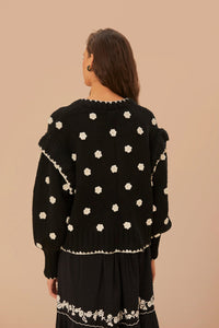 Cardigan motifs fleurs en maille - Noir