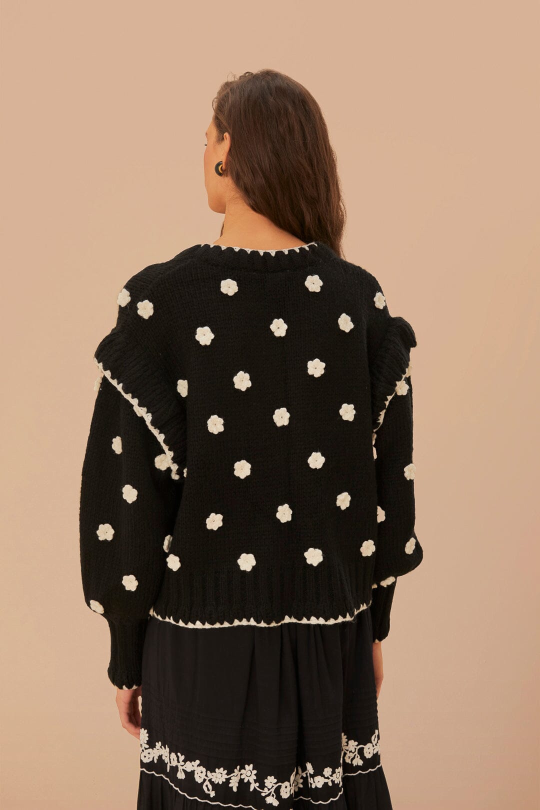 Cardigan motifs fleurs en maille - Noir