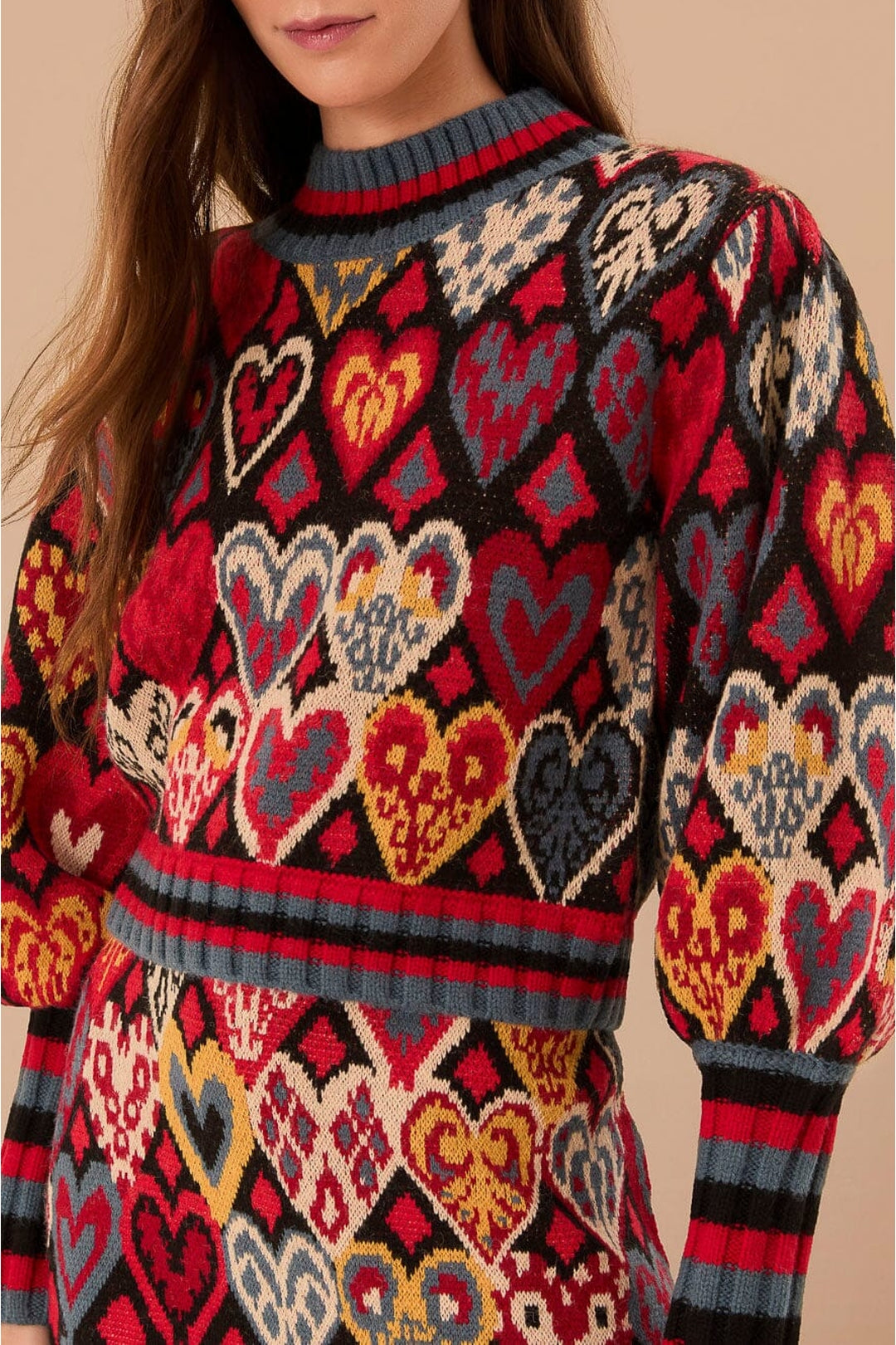 Pull Ikat à cœurs en maille - Rouge