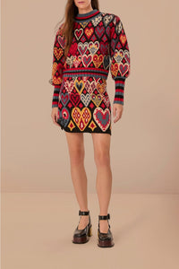 Pull Ikat à cœurs en maille - Rouge