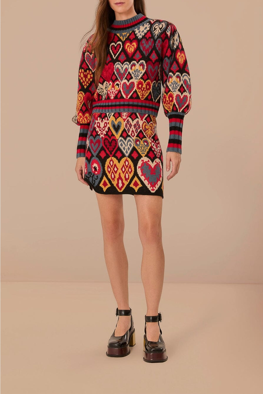 Pull Ikat à cœurs en maille - Rouge