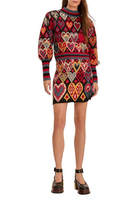 Pull Ikat à cœurs en maille - Rouge