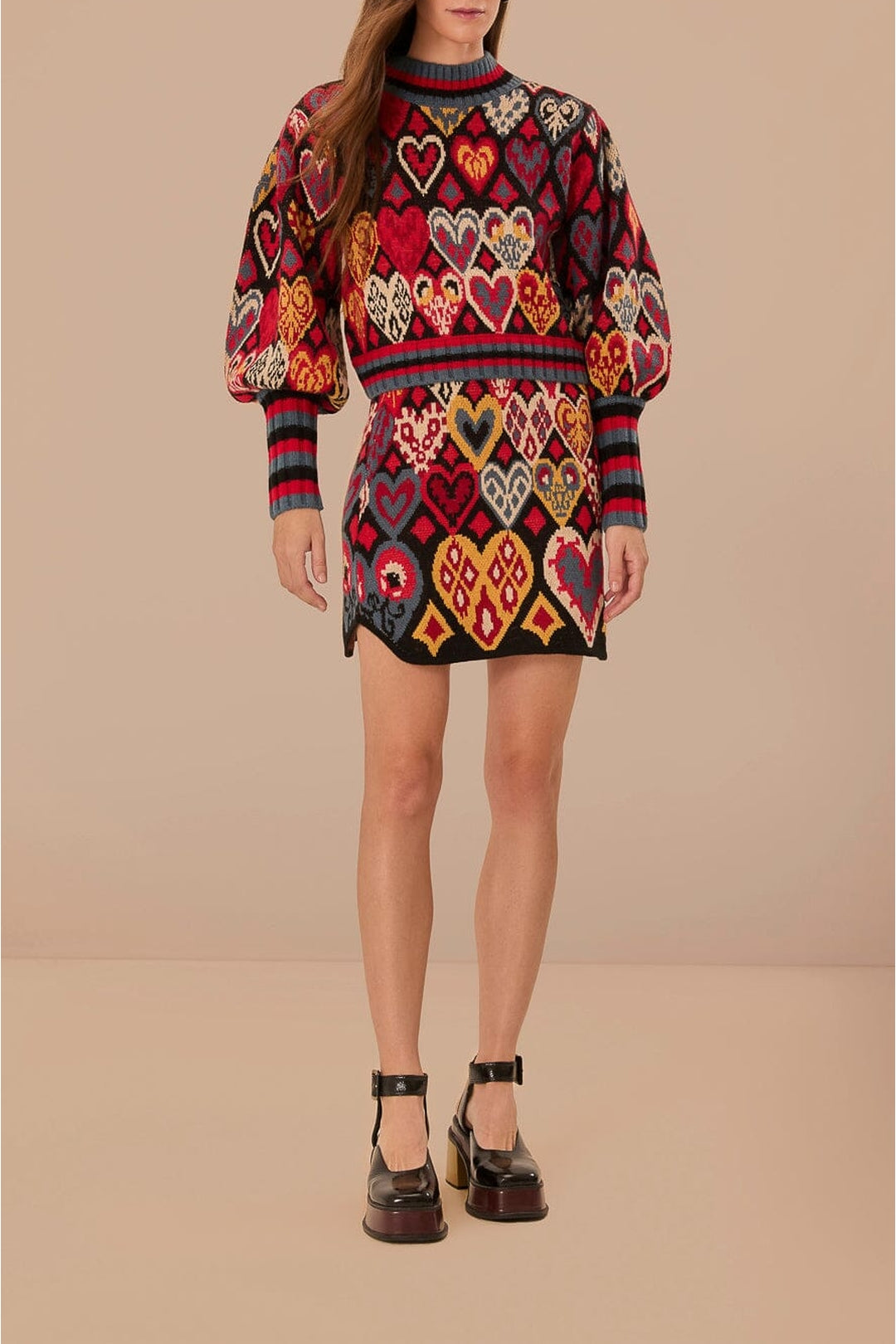 Jupe Ikat à cœurs en maille - Rouge