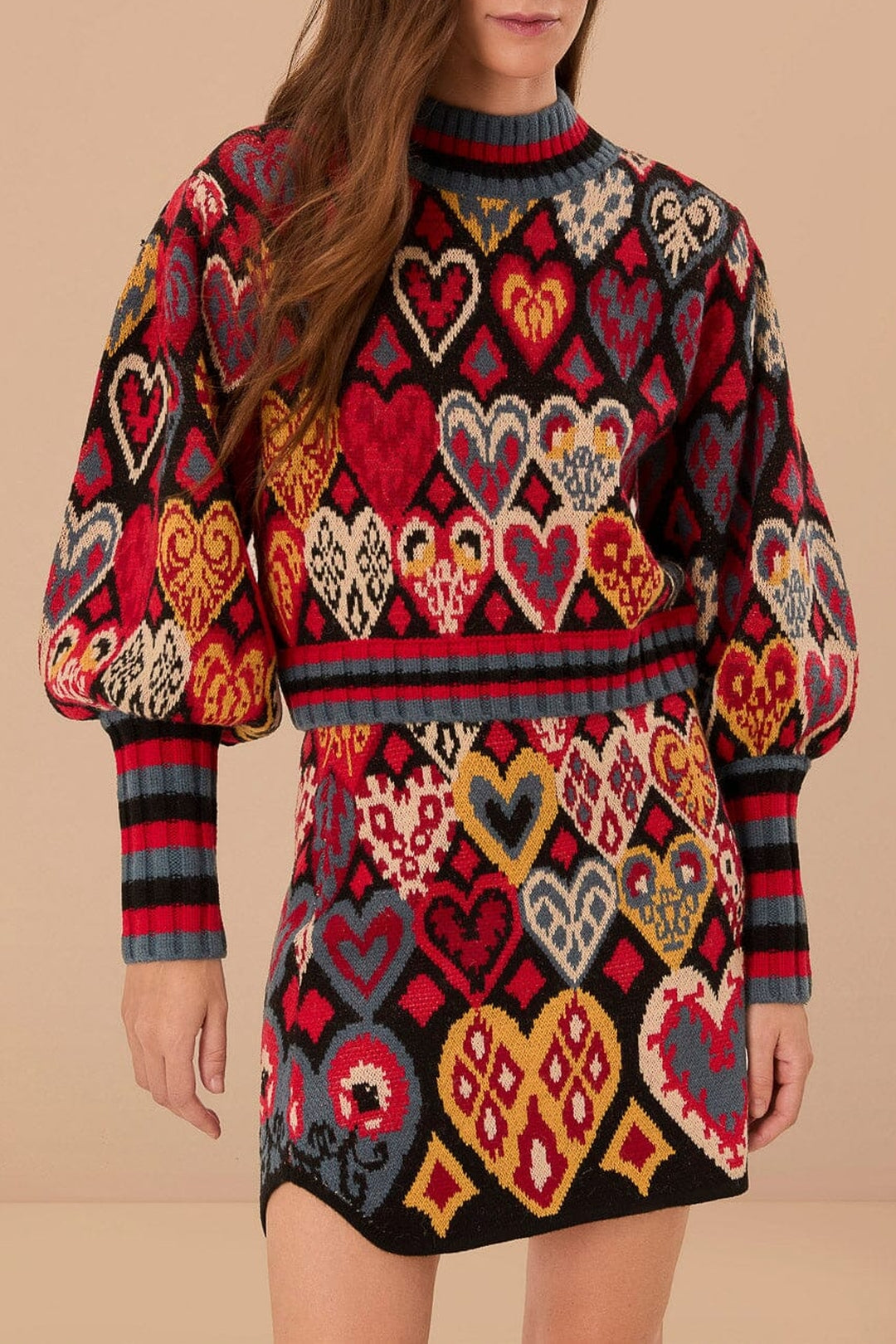 Jupe Ikat à cœurs en maille - Rouge
