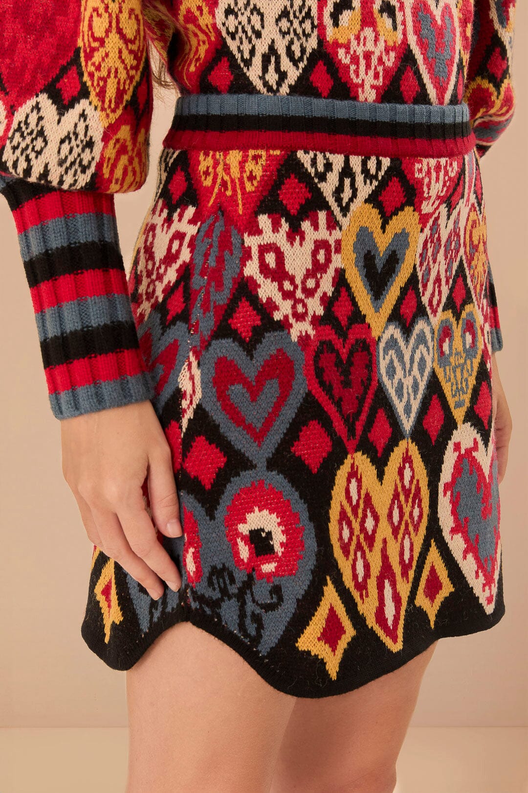 Jupe Ikat à cœurs en maille - Rouge