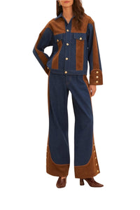 Pantalon large taille basse en denim western - Marron