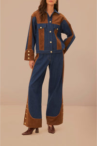 Pantalon large taille basse en denim western - Marron