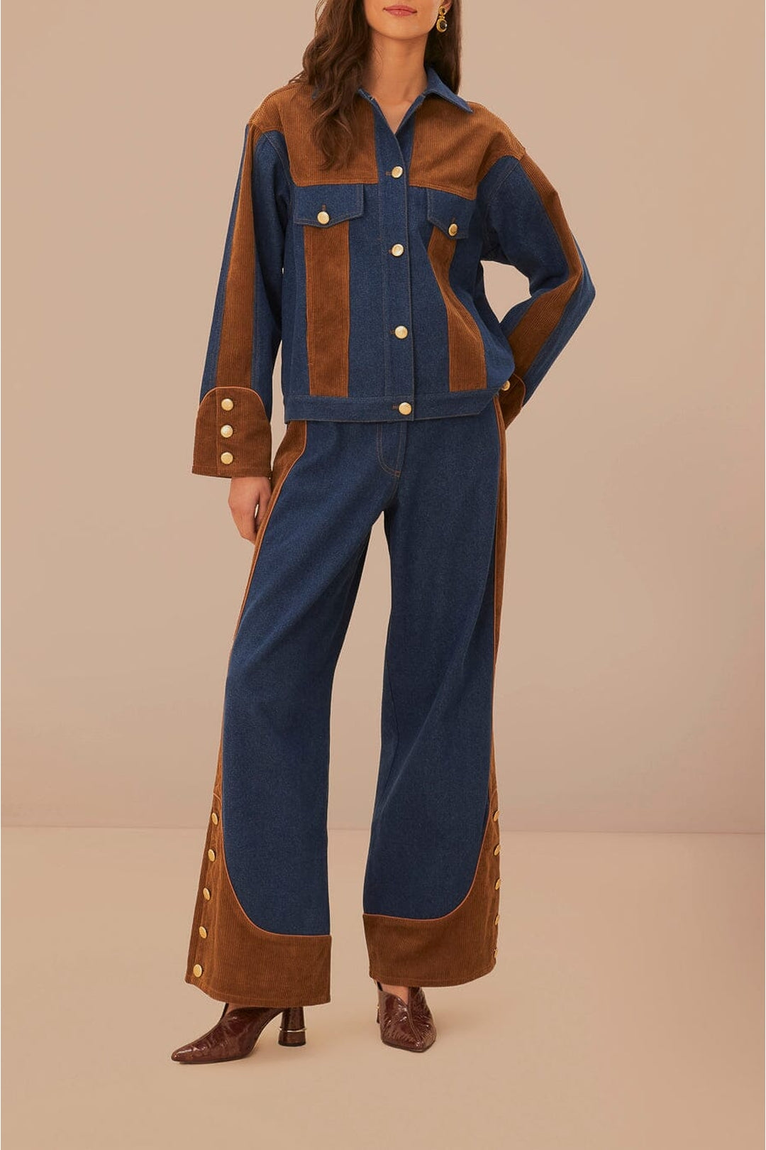 Pantalon large taille basse en denim western - Marron