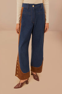 Pantalon large taille basse en denim western - Marron