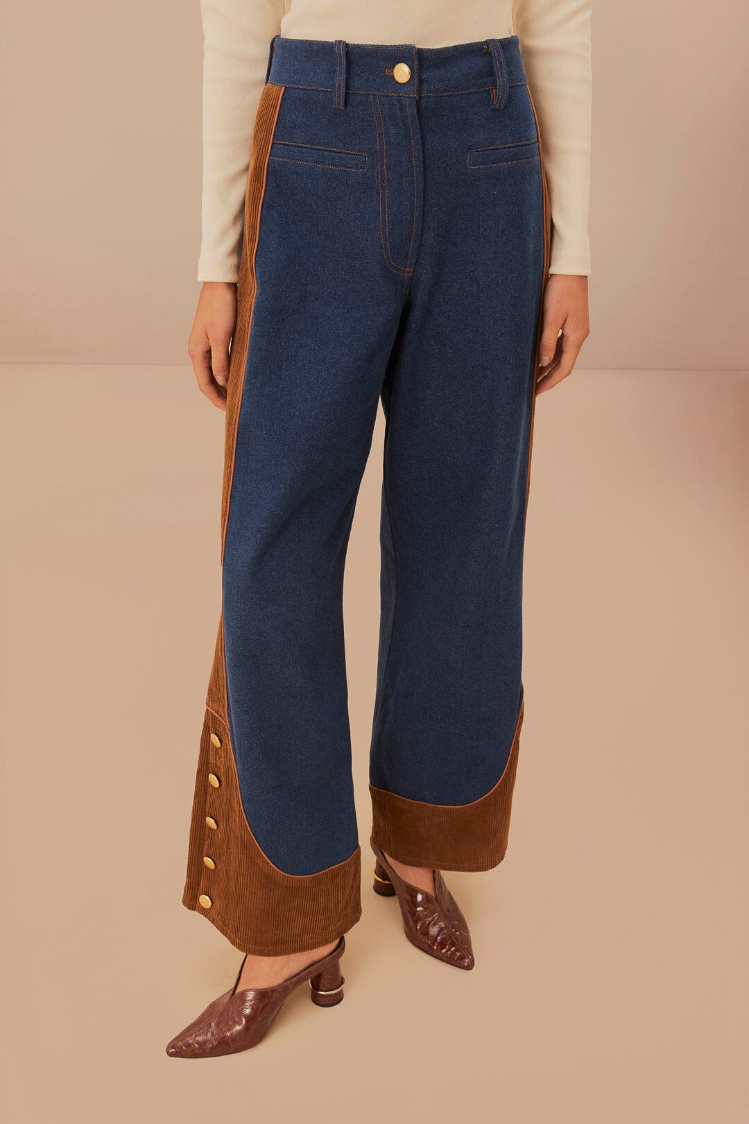 Pantalon large taille basse en denim western - Marron