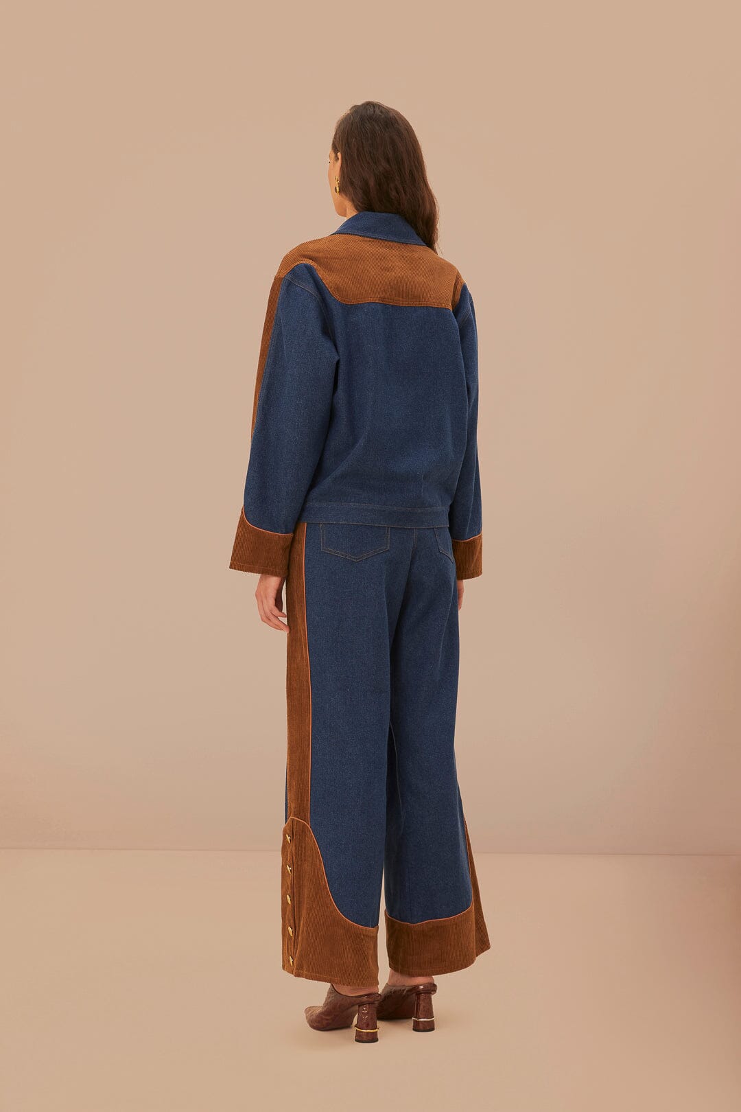 Pantalon large taille basse en denim western - Marron