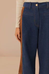 Pantalon large taille basse en denim western - Marron