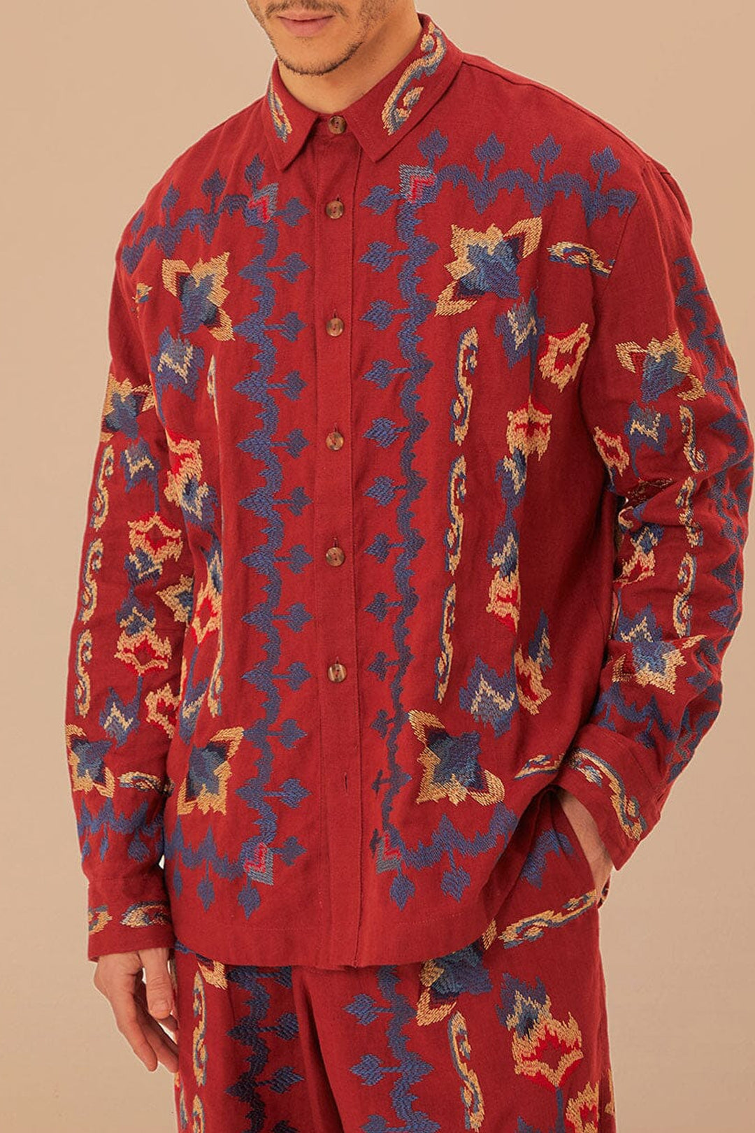Chemise en jacquard à broderie florale en lin - Bordeaux