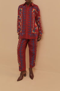 Chemise en jacquard à broderie florale en lin - Bordeaux