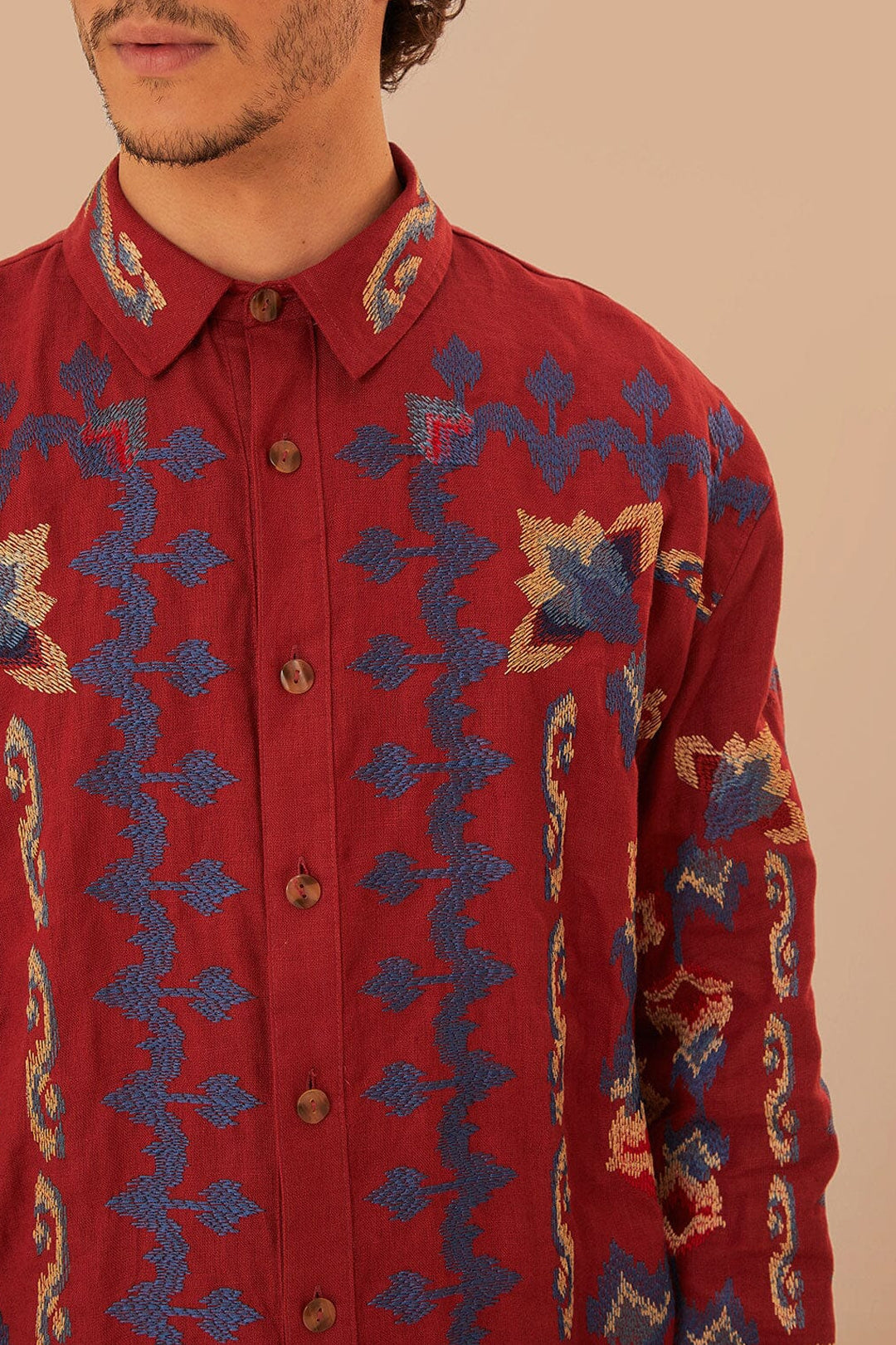 Chemise en jacquard à broderie florale en lin - Bordeaux
