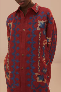 Chemise en jacquard à broderie florale en lin - Bordeaux