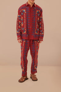 Chemise en jacquard à broderie florale en lin - Bordeaux