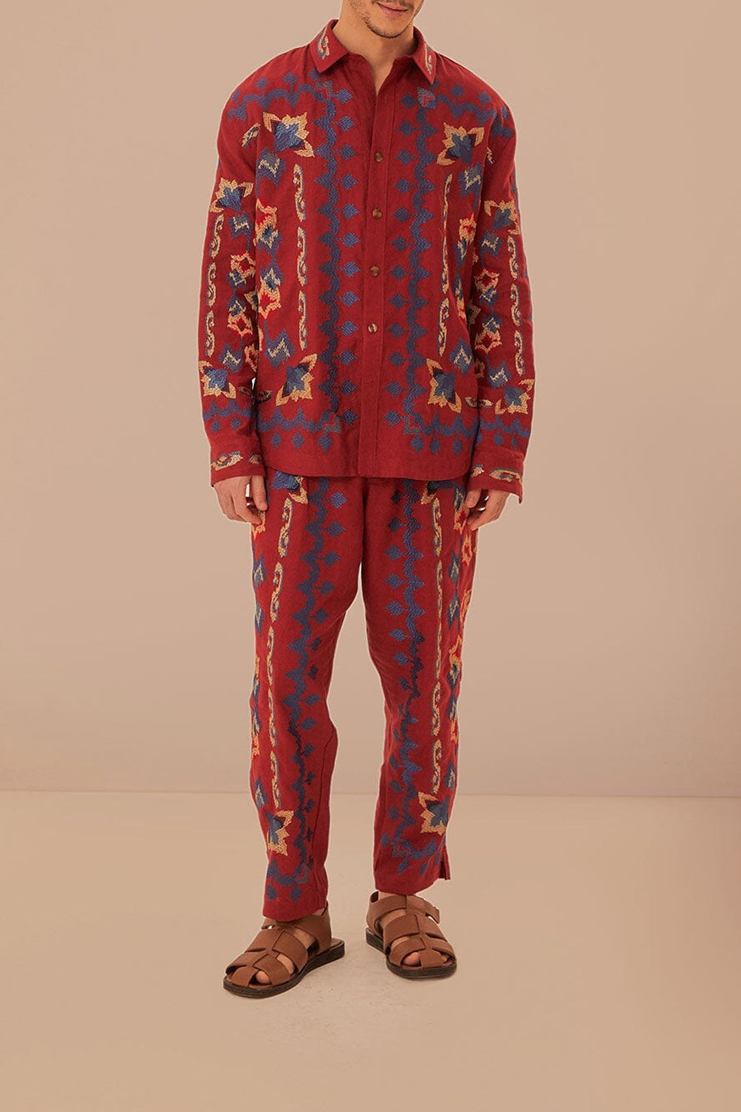 Chemise en jacquard à broderie florale en lin - Bordeaux