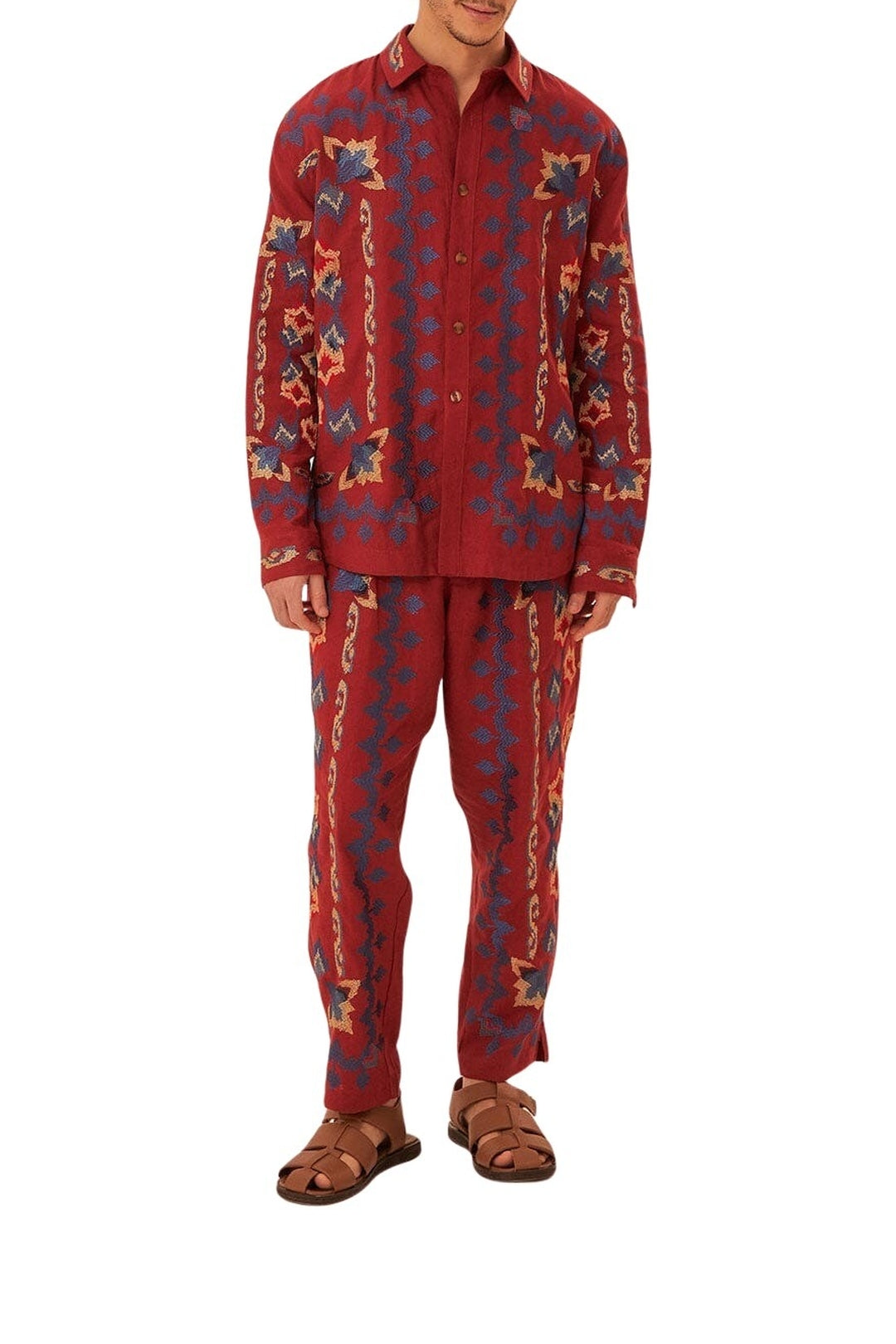 Chemise en jacquard à broderie florale en lin - Bordeaux