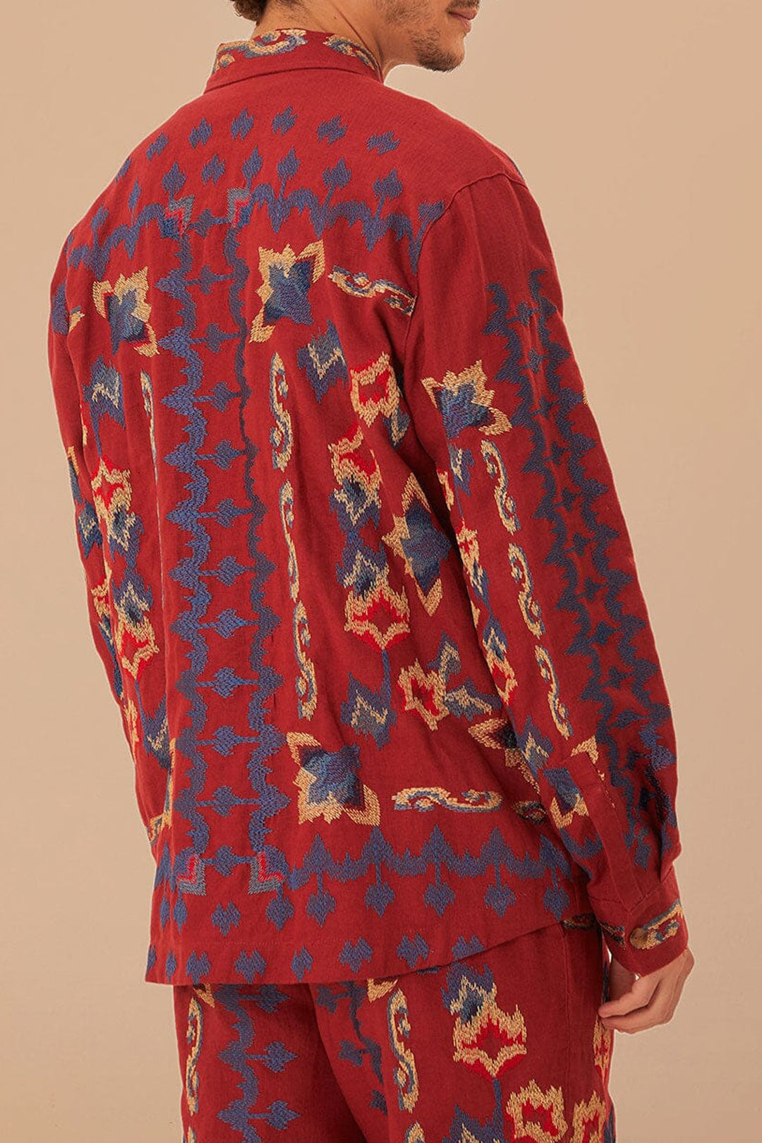 Chemise en jacquard à broderie florale en lin - Bordeaux