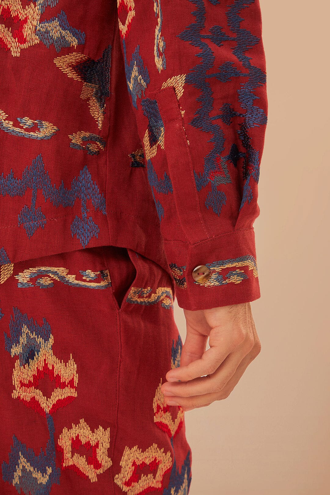 Chemise en jacquard à broderie florale en lin - Bordeaux