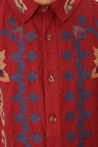 Chemise en jacquard à broderie florale en lin - Bordeaux
