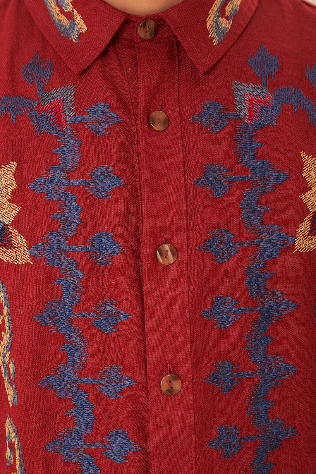 Chemise en jacquard à broderie florale en lin - Bordeaux