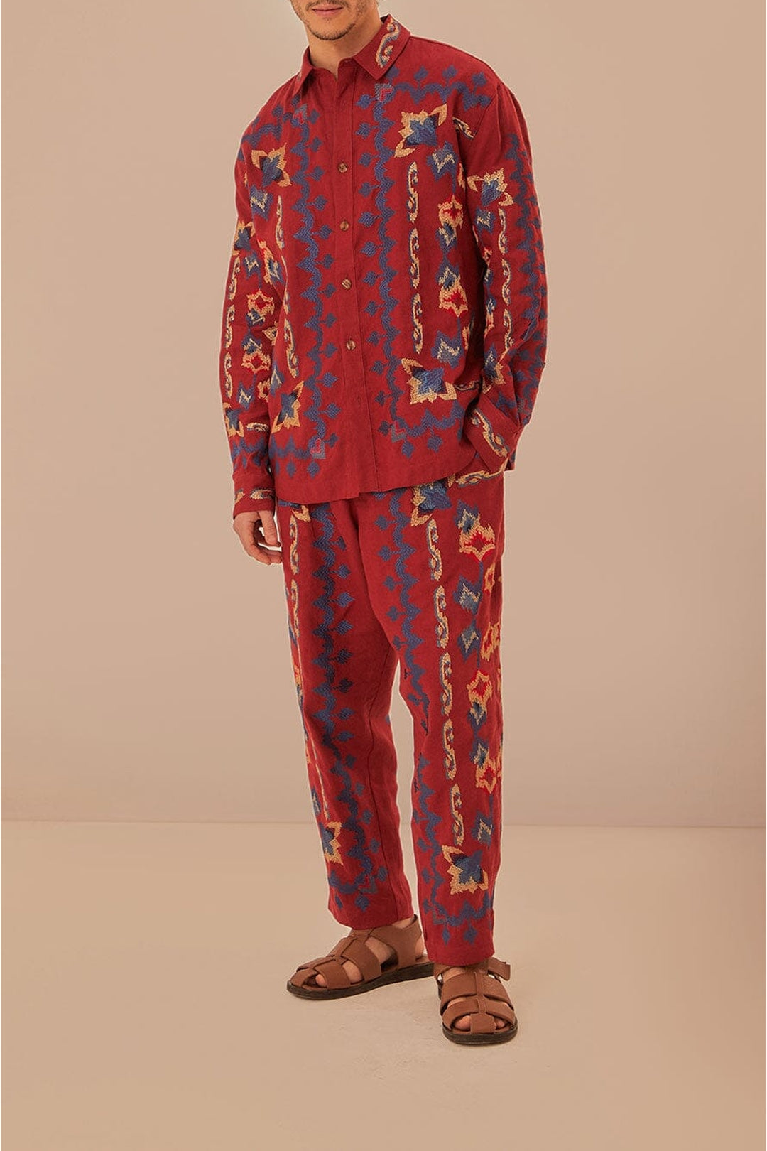 Pantalon en jacquard à broderie florale en lin - Bordeaux