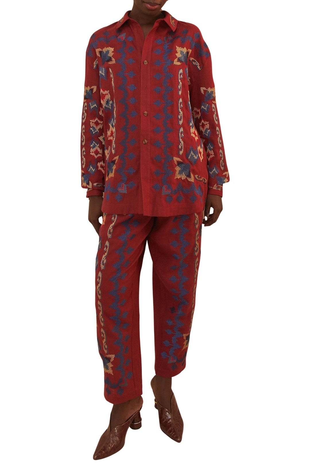 Pantalon en jacquard à broderie florale en lin - Bordeaux