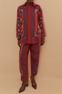 Pantalon en jacquard à broderie florale en lin - Bordeaux