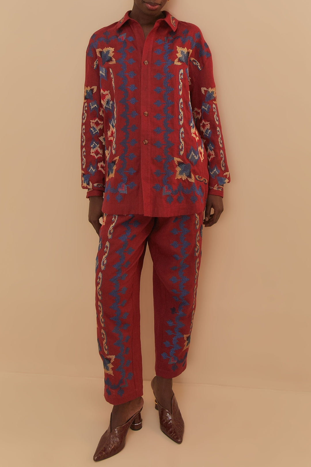 Pantalon en jacquard à broderie florale en lin - Bordeaux