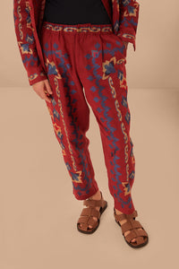 Pantalon en jacquard à broderie florale en lin - Bordeaux