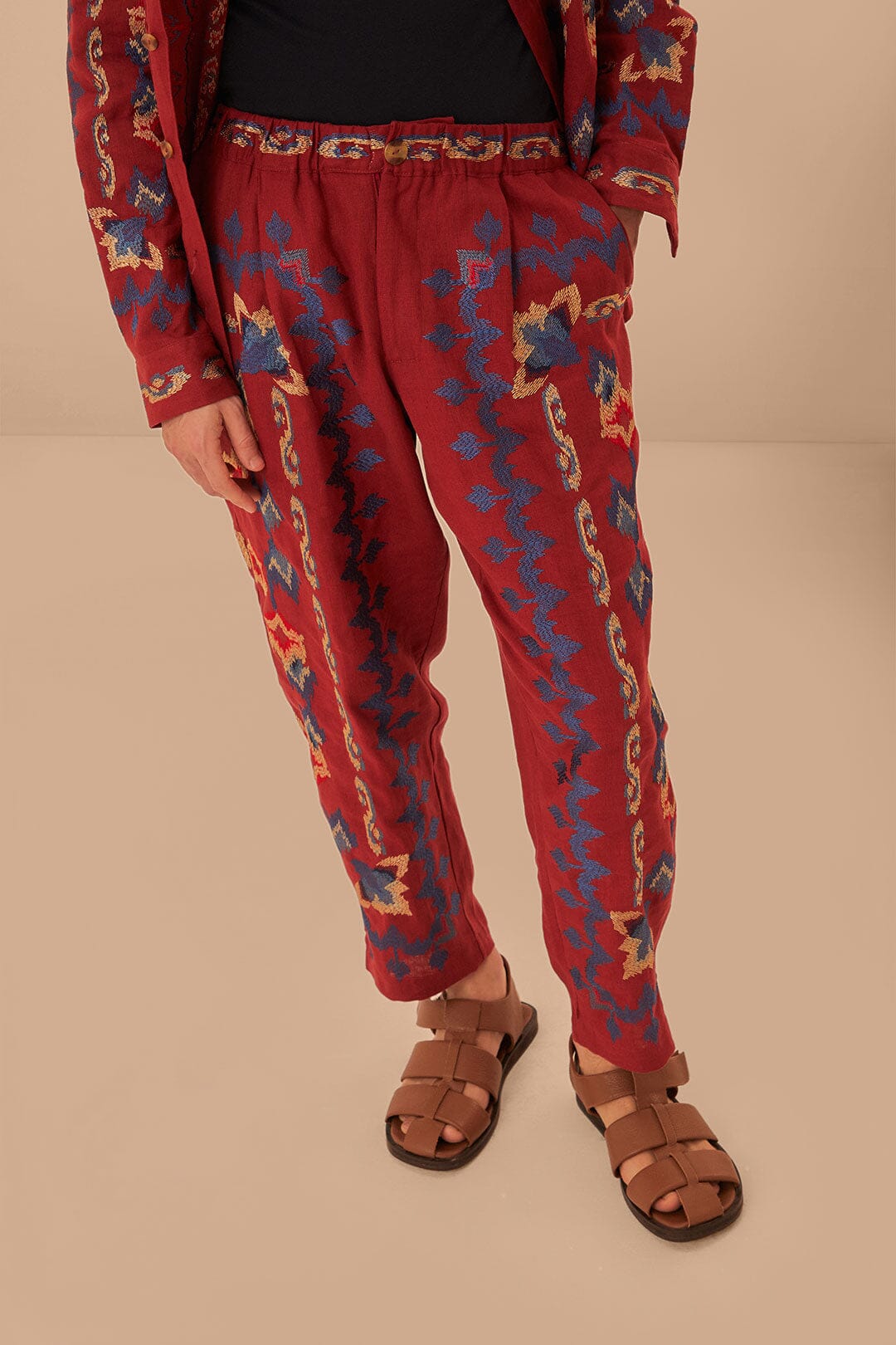 Pantalon en jacquard à broderie florale en lin - Bordeaux