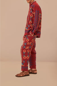 Pantalon en jacquard à broderie florale en lin - Bordeaux