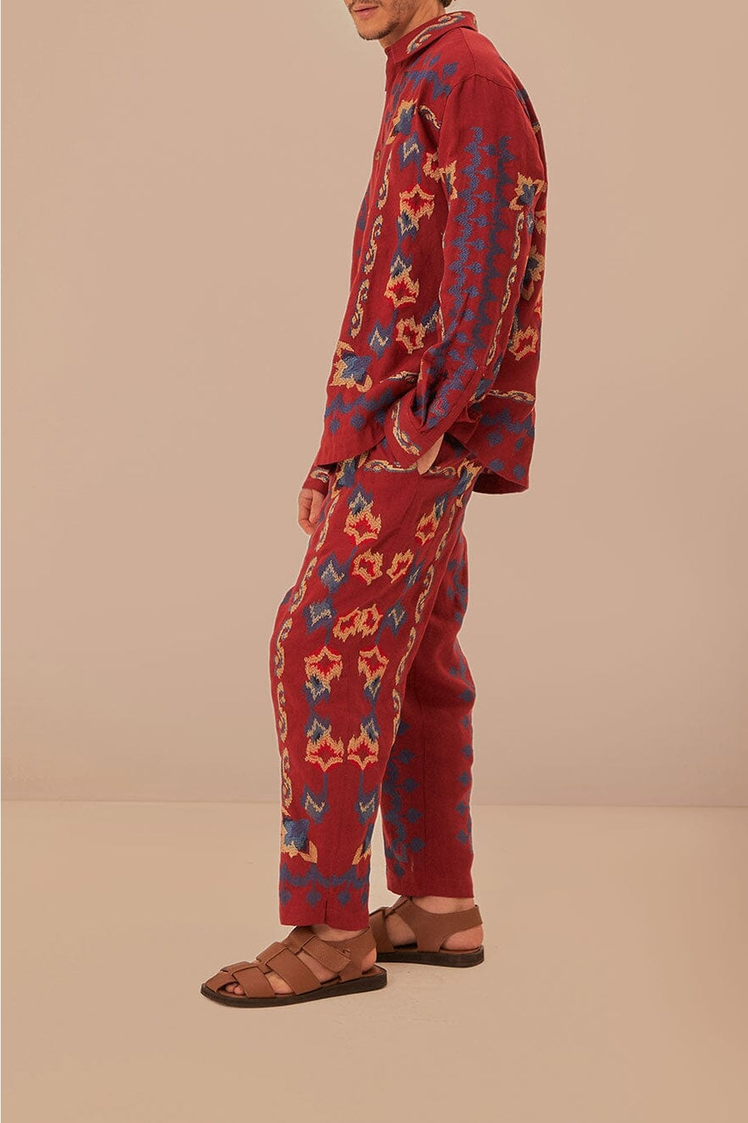 Pantalon en jacquard à broderie florale en lin - Bordeaux