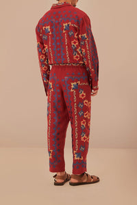 Pantalon en jacquard à broderie florale en lin - Bordeaux