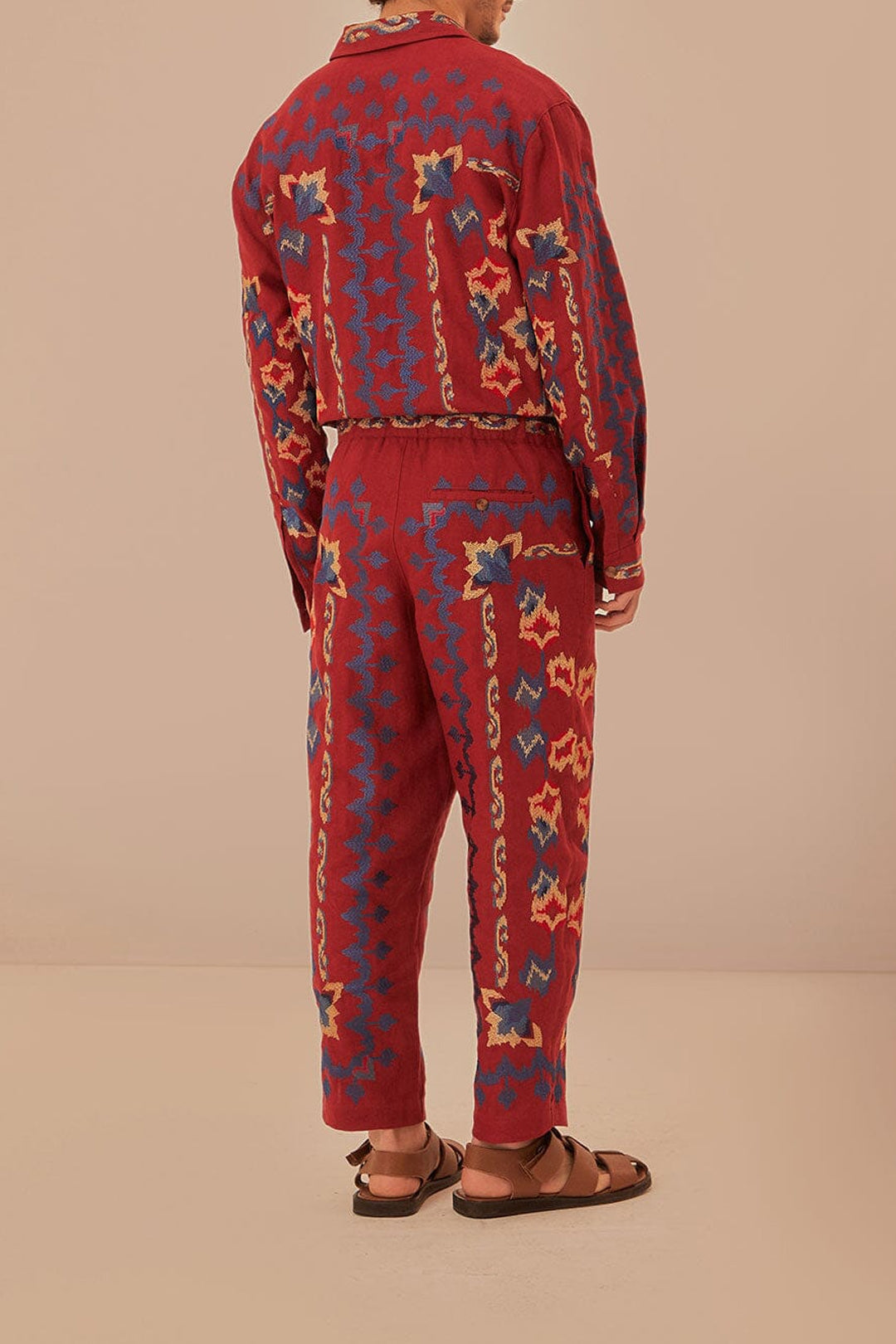 Pantalon en jacquard à broderie florale en lin - Bordeaux