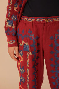 Pantalon en jacquard à broderie florale en lin - Bordeaux
