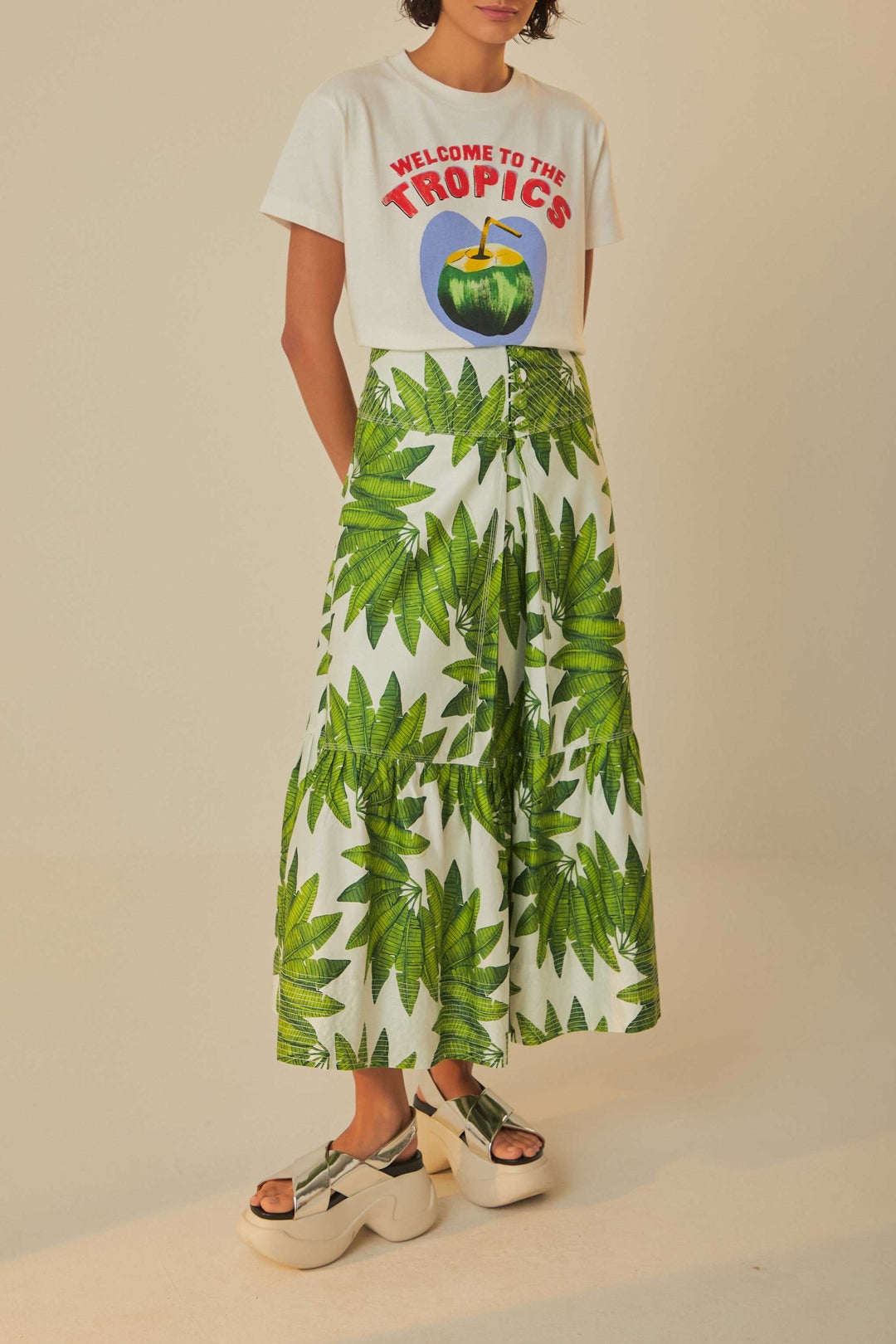 Jupe longue Palm Fan en coton - Vert